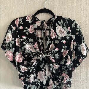 Xhilaration Black Floral Blouse with Pink Accents